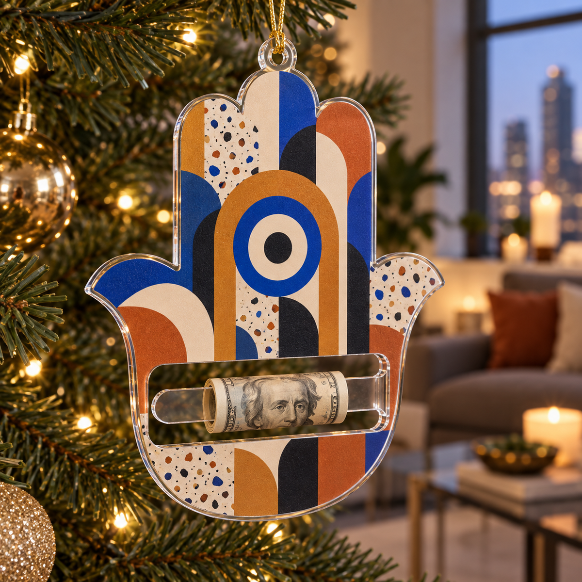 Hamsa Modern Gallery Acrylic Cash Holder Ornament with printed optical 3D artwork in its use setting