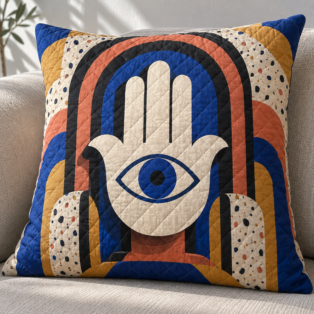 Hamsa Modern Gallery Quilted Cushion Cover with printed optical 3D artwork in its use setting