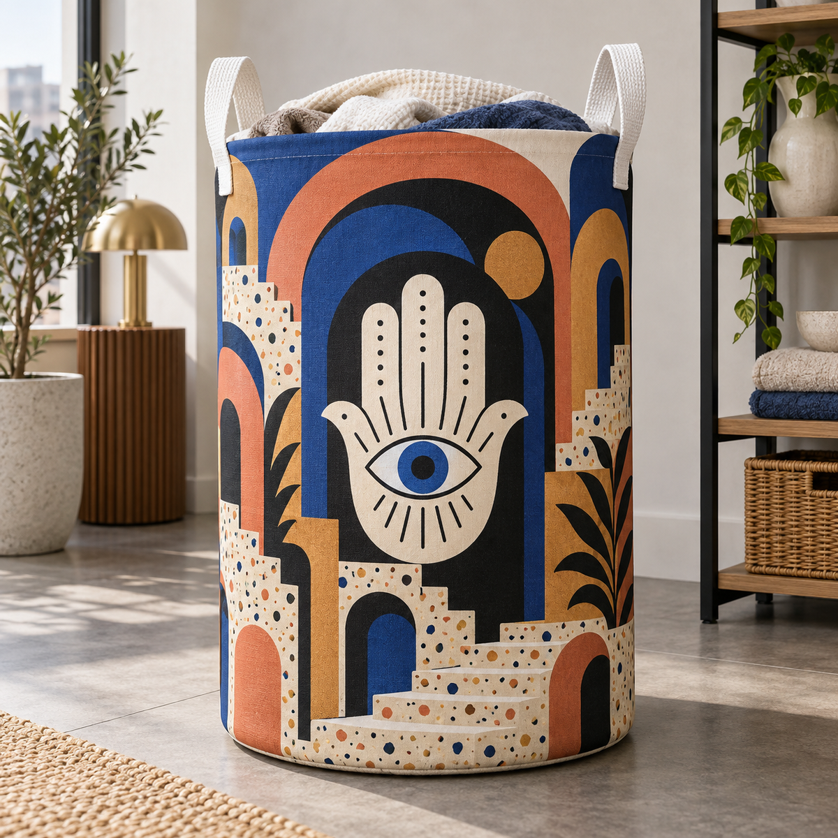 Hamsa Modern Gallery Laundry Hamper with printed optical 3D artwork in its use setting