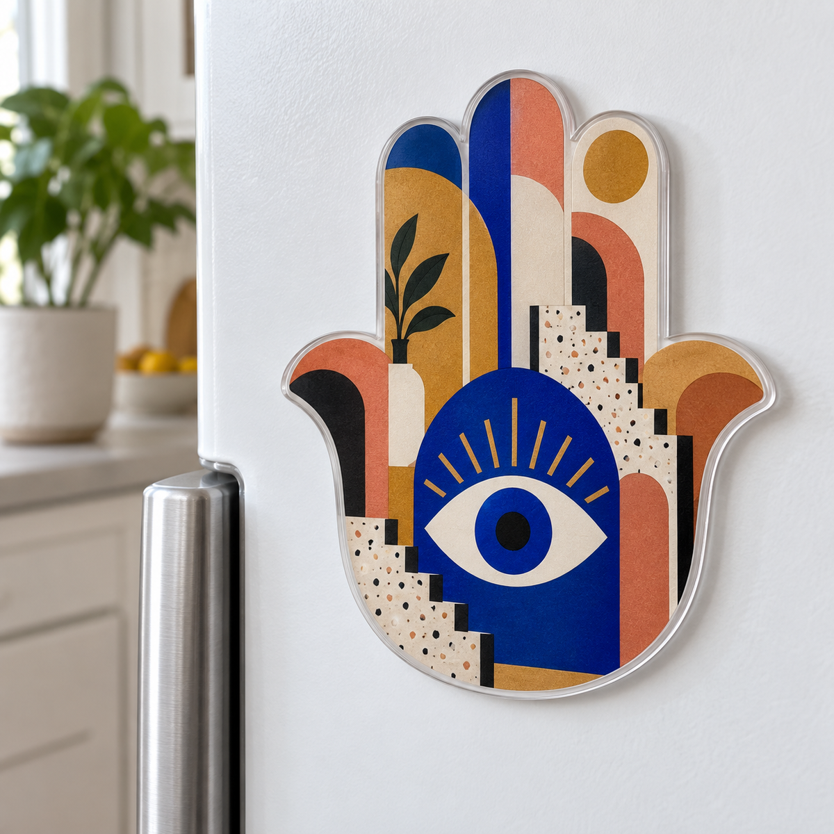 Hamsa Modern Gallery Acrylic Refrigerator Magnet with printed optical 3D artwork in its use setting