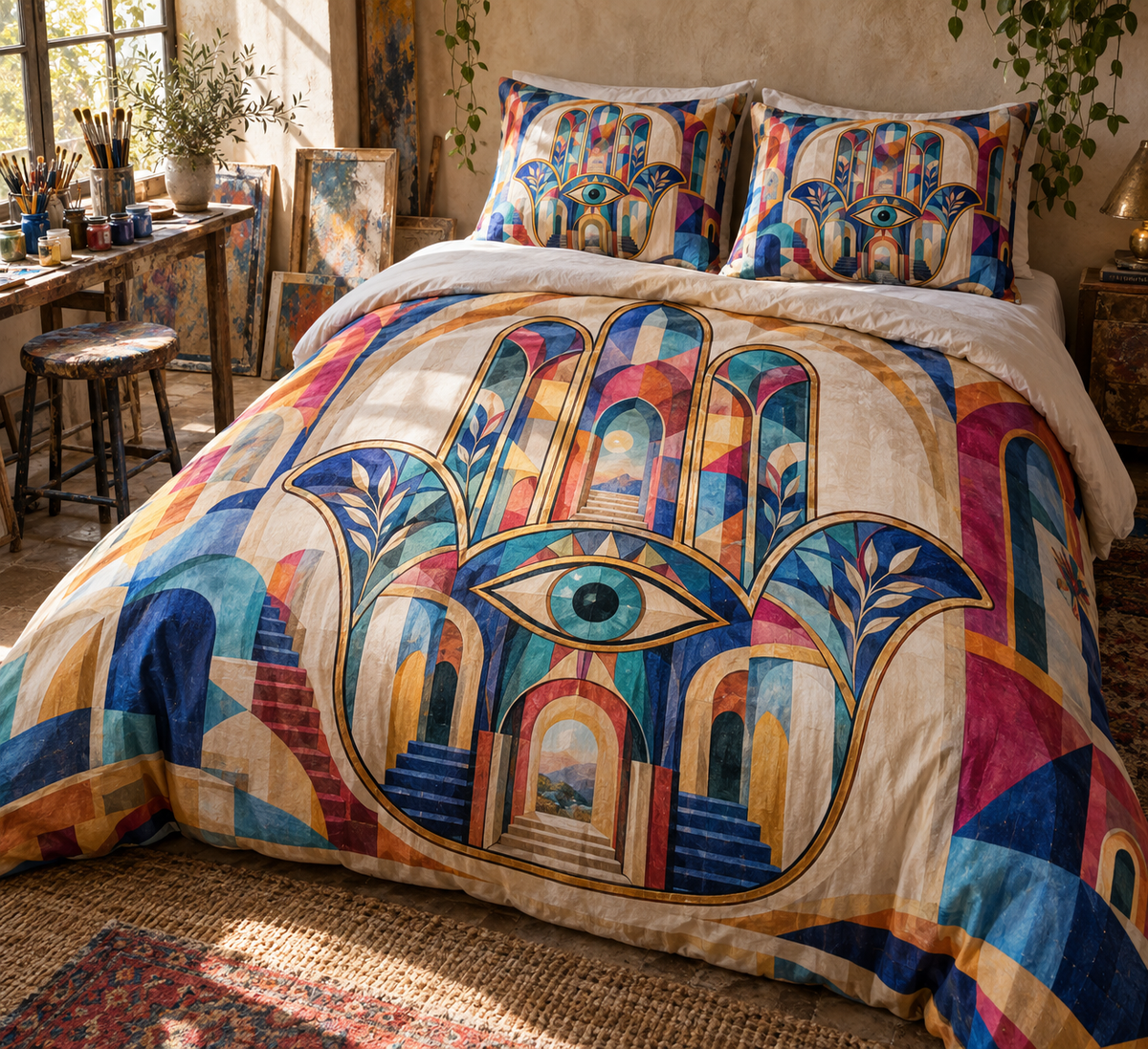 Hamsa Atelier Prism Quilted Bedding Set with printed optical 3D artwork in its use setting
