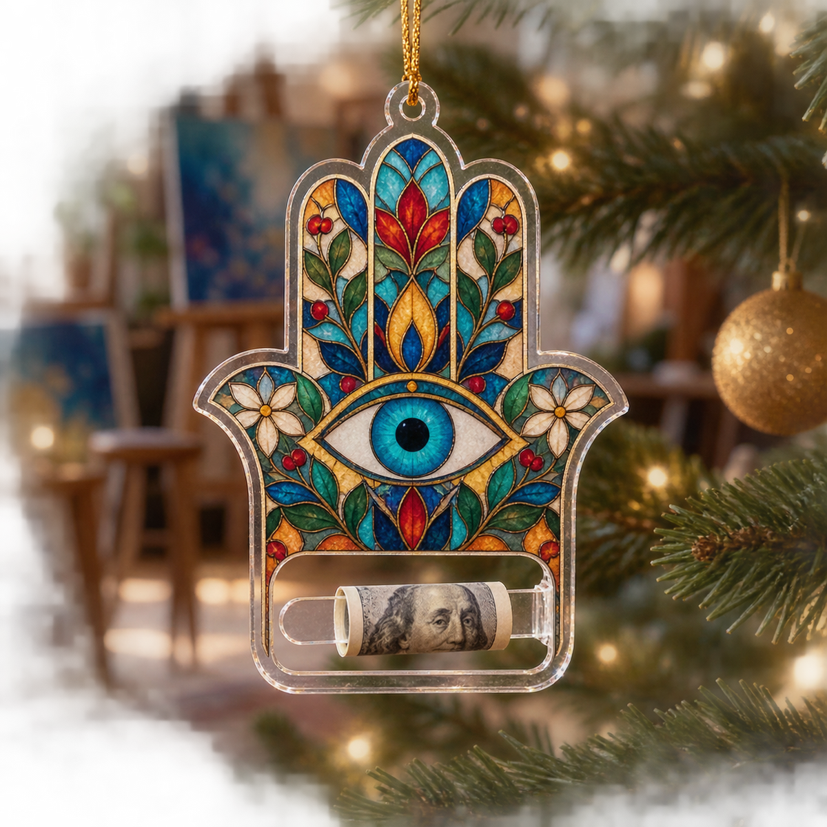 Hamsa Atelier Prism Acrylic Cash Holder Ornament with printed optical 3D artwork in its use setting