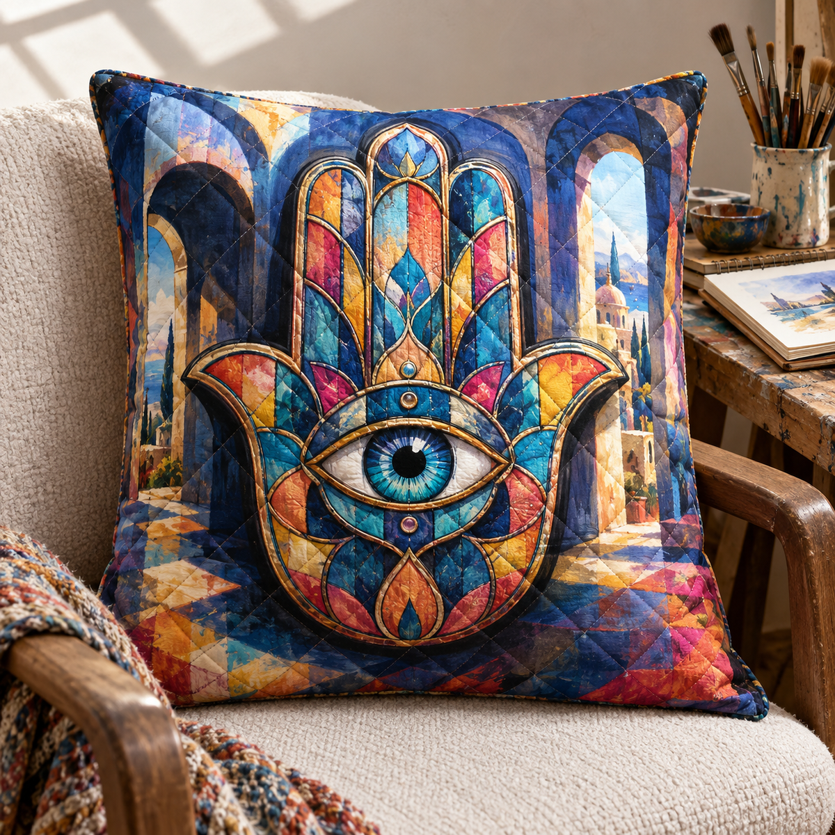 Hamsa Atelier Prism Quilted Cushion Cover with printed optical 3D artwork in its use setting