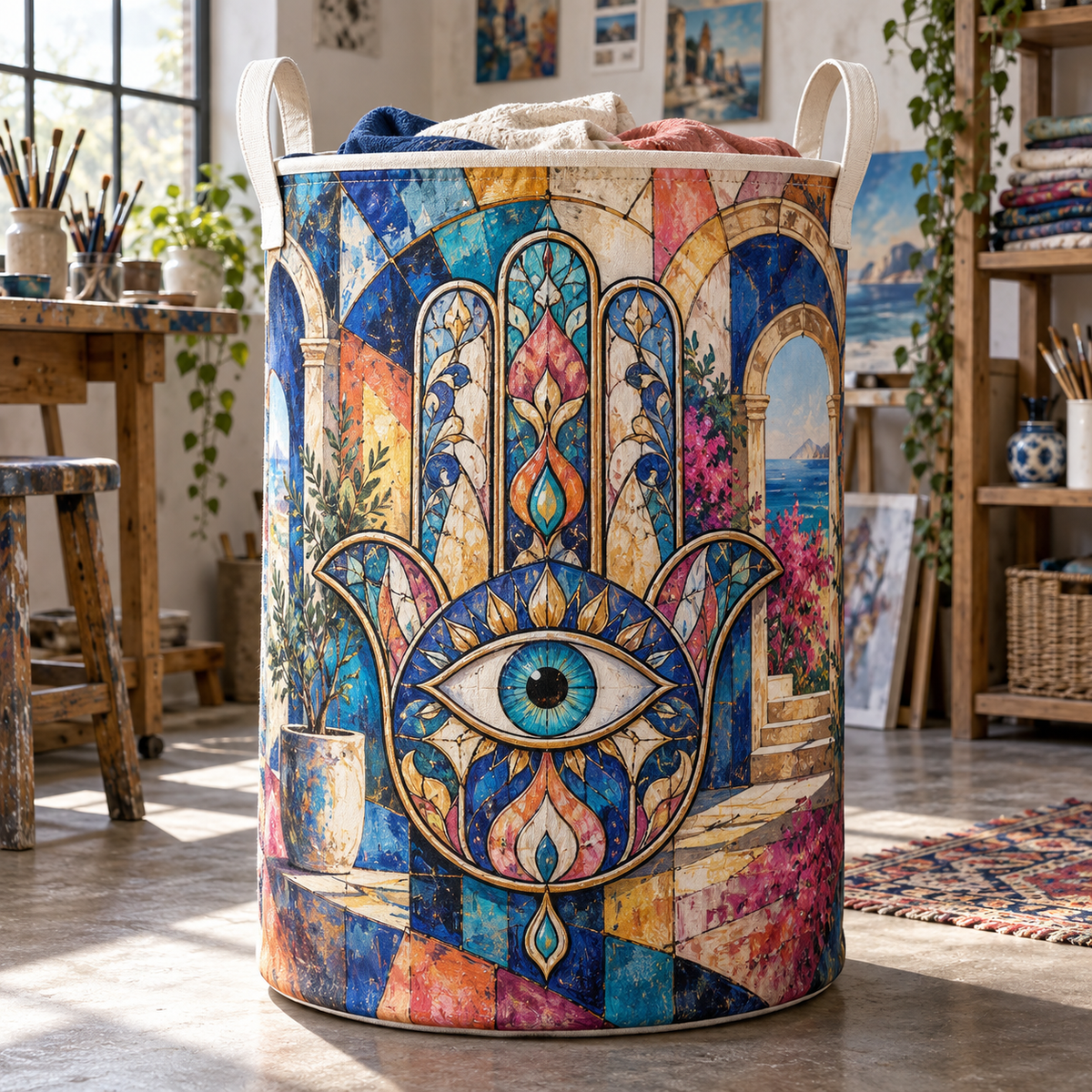 Hamsa Atelier Prism Laundry Hamper with printed optical 3D artwork in its use setting