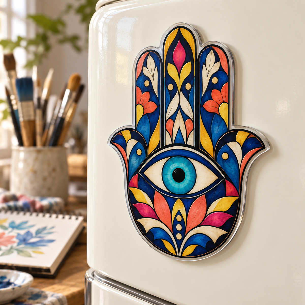 Hamsa Atelier Prism Acrylic Refrigerator Magnet with printed optical 3D artwork in its use setting