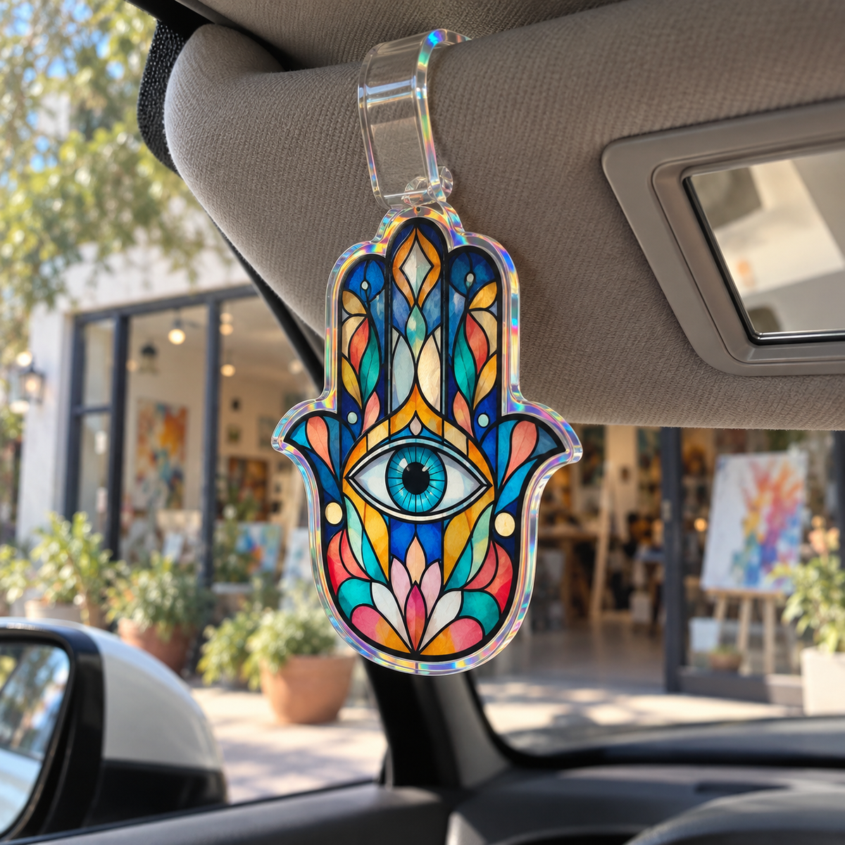Hamsa Atelier Prism Holographic Car Visor Clip with printed optical 3D artwork in its use setting