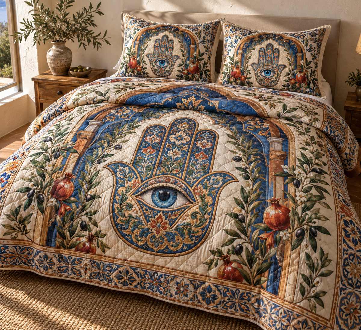 Hamsa Host Gratitude Quilted Bedding Set with printed optical 3D artwork in its use setting