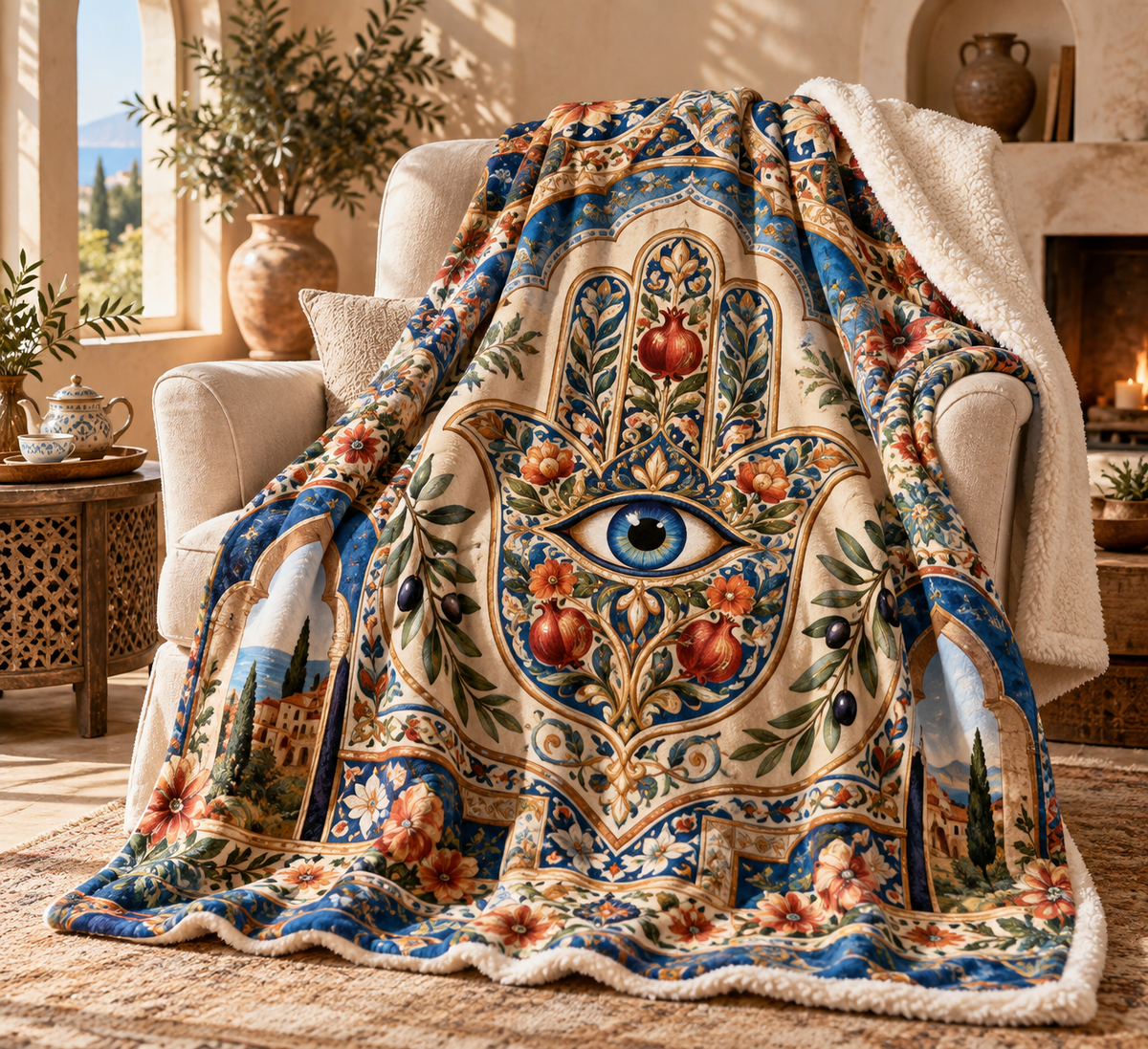 Hamsa Host Gratitude Sherpa & Fleece Blanket with printed optical 3D artwork in its use setting