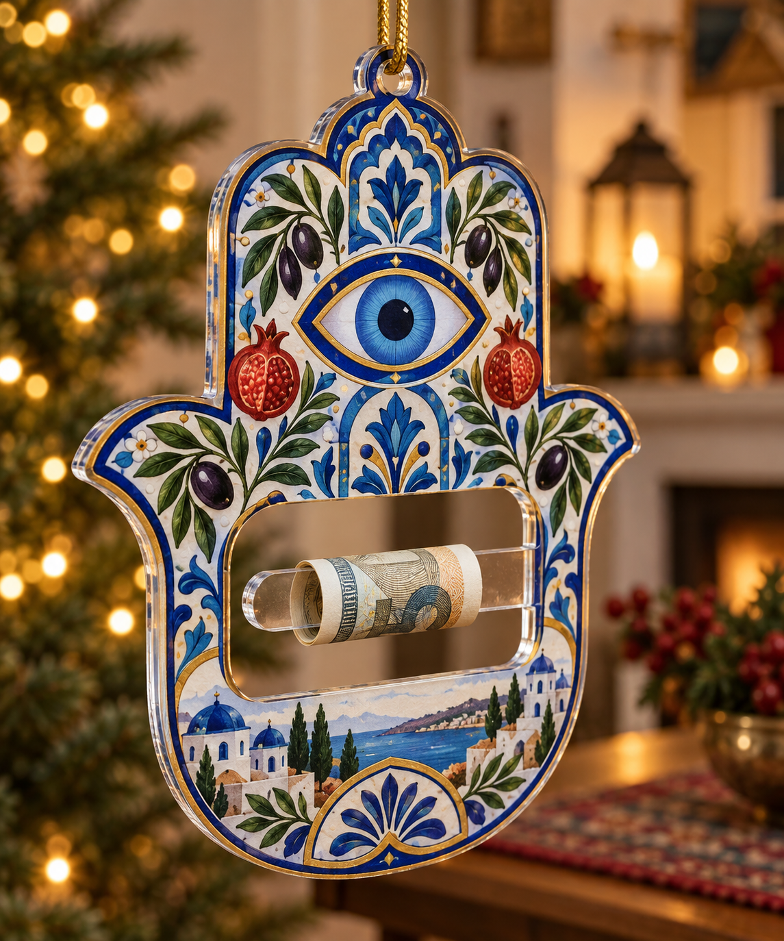 Hamsa Host Gratitude Acrylic Cash Holder Ornament with printed optical 3D artwork in its use setting