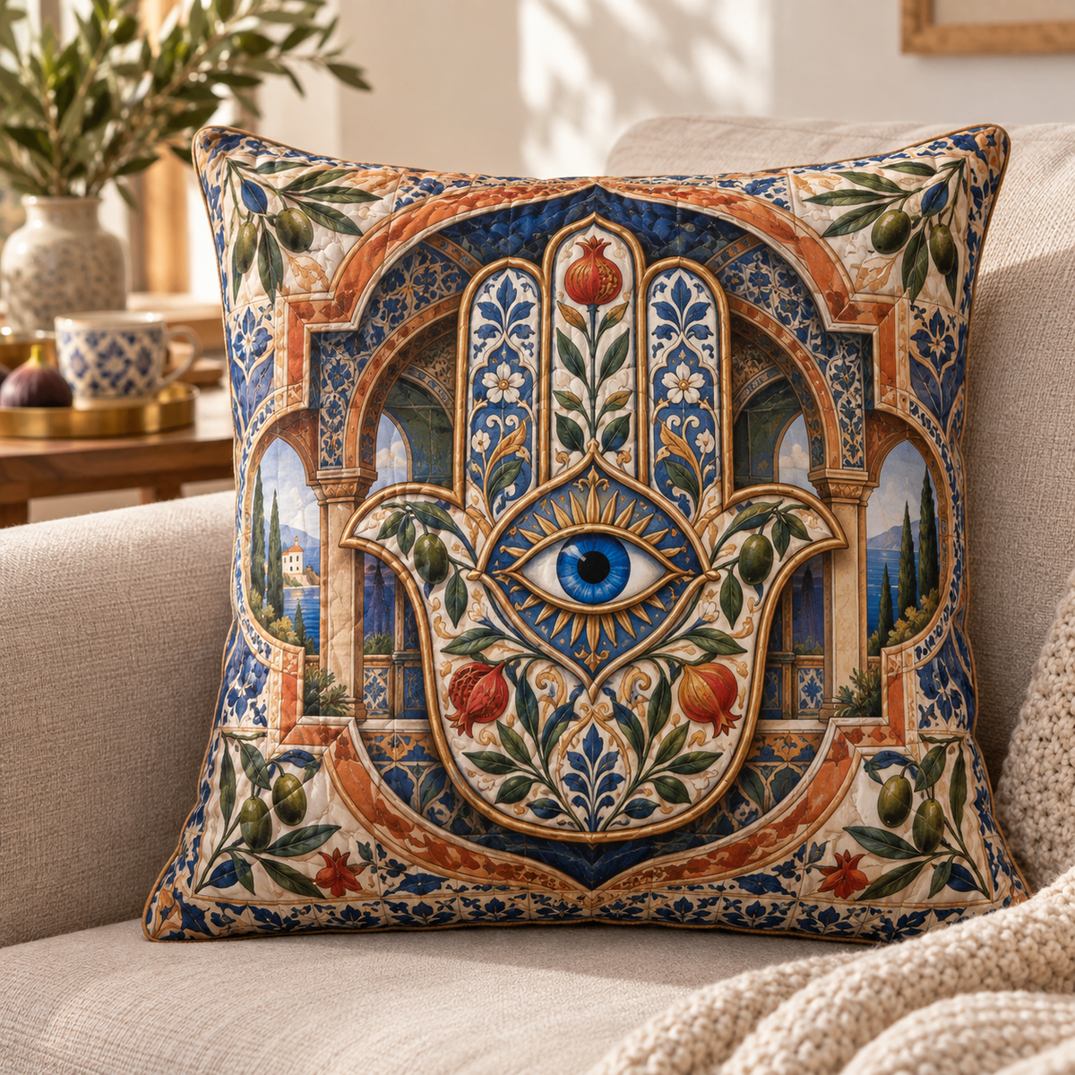 Hamsa Host Gratitude Quilted Cushion Cover with printed optical 3D artwork in its use setting