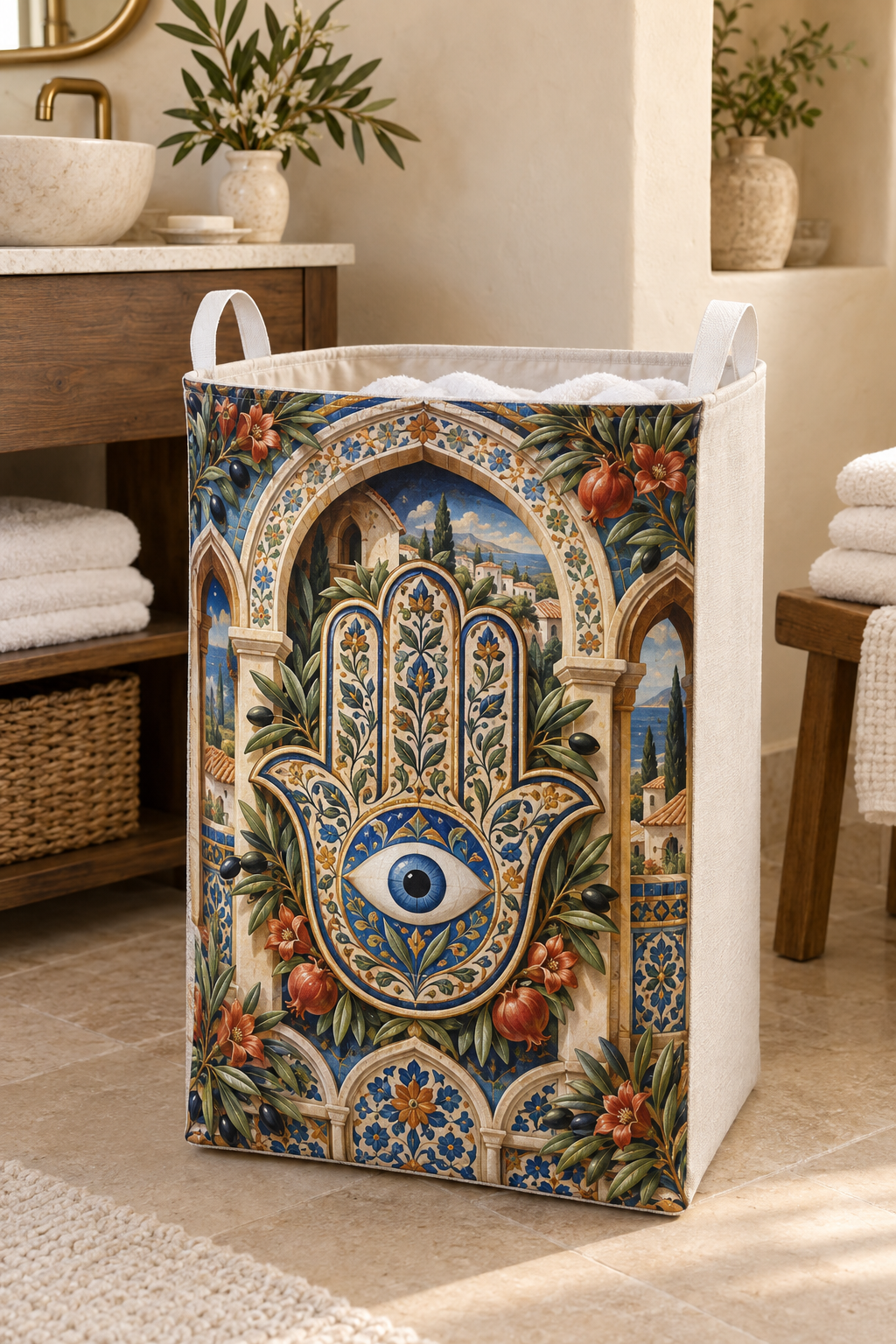 Hamsa Host Gratitude Laundry Hamper with printed optical 3D artwork in its use setting