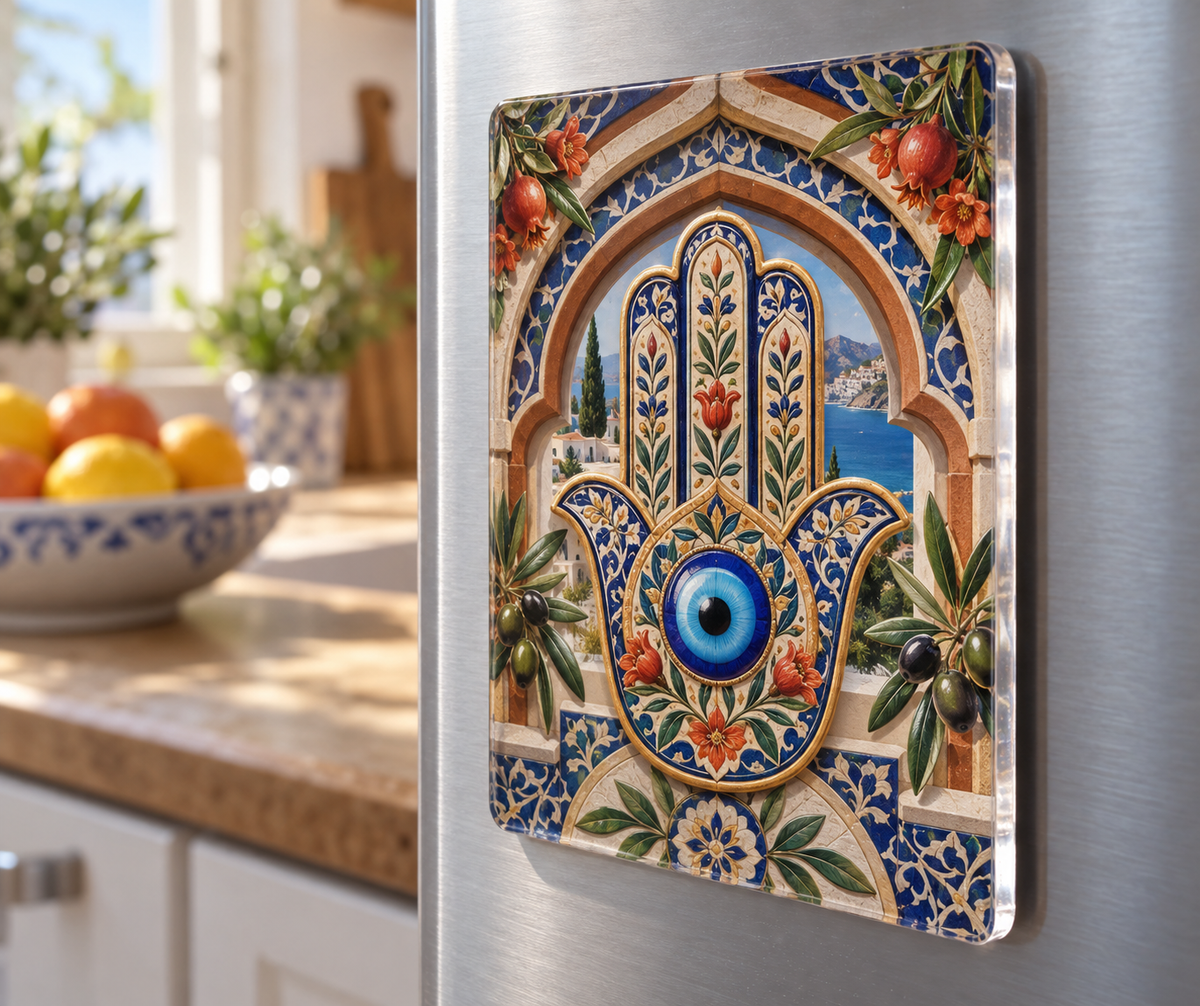 Hamsa Host Gratitude Acrylic Refrigerator Magnet with printed optical 3D artwork in its use setting