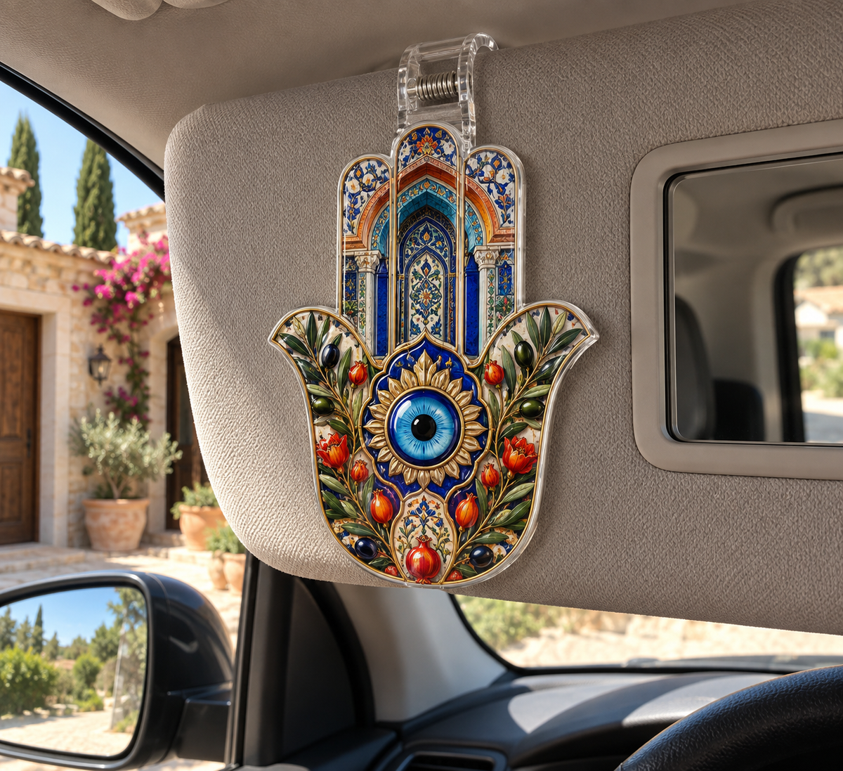 Hamsa Host Gratitude Holographic Car Visor Clip with printed optical 3D artwork in its use setting