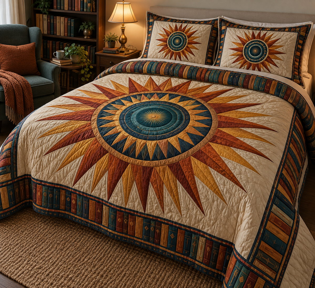 Sunburst Library Glow Quilted Bedding Set with printed optical 3D artwork in its use setting