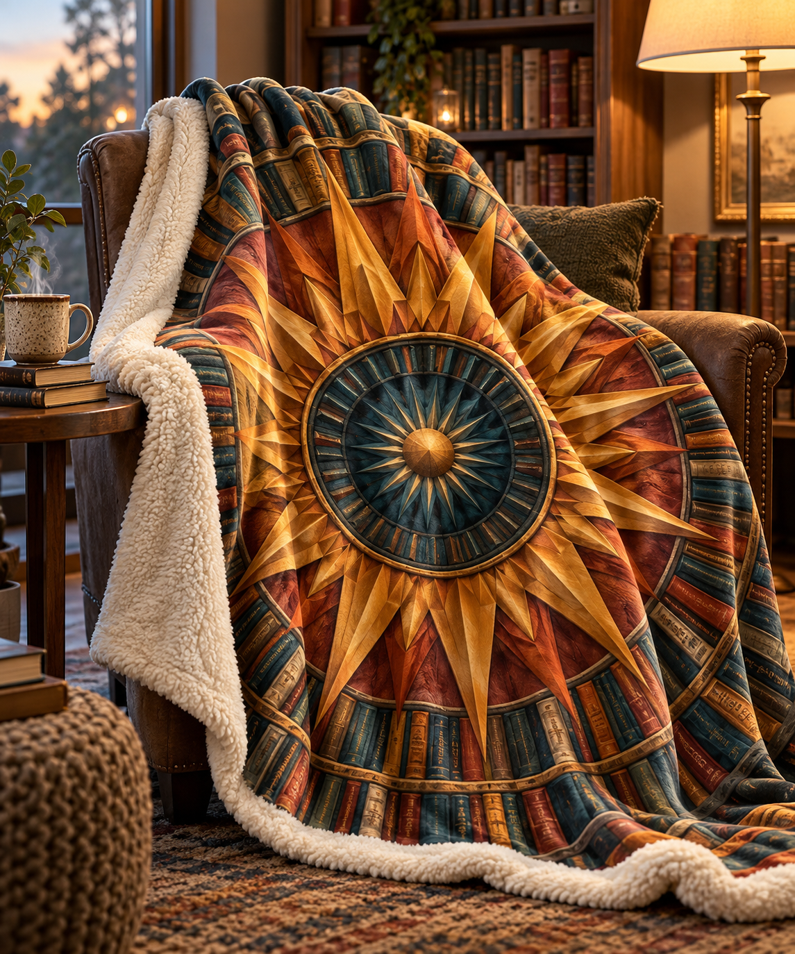 Sunburst Library Glow Sherpa & Fleece Blanket with printed optical 3D artwork in its use setting