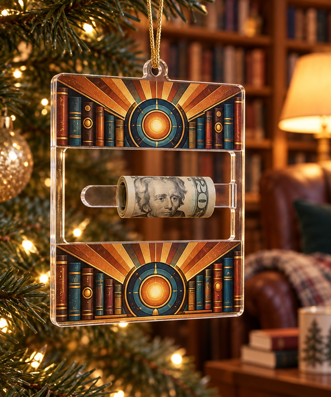 Sunburst Library Glow Acrylic Cash Holder Ornament with printed optical 3D artwork in its use setting