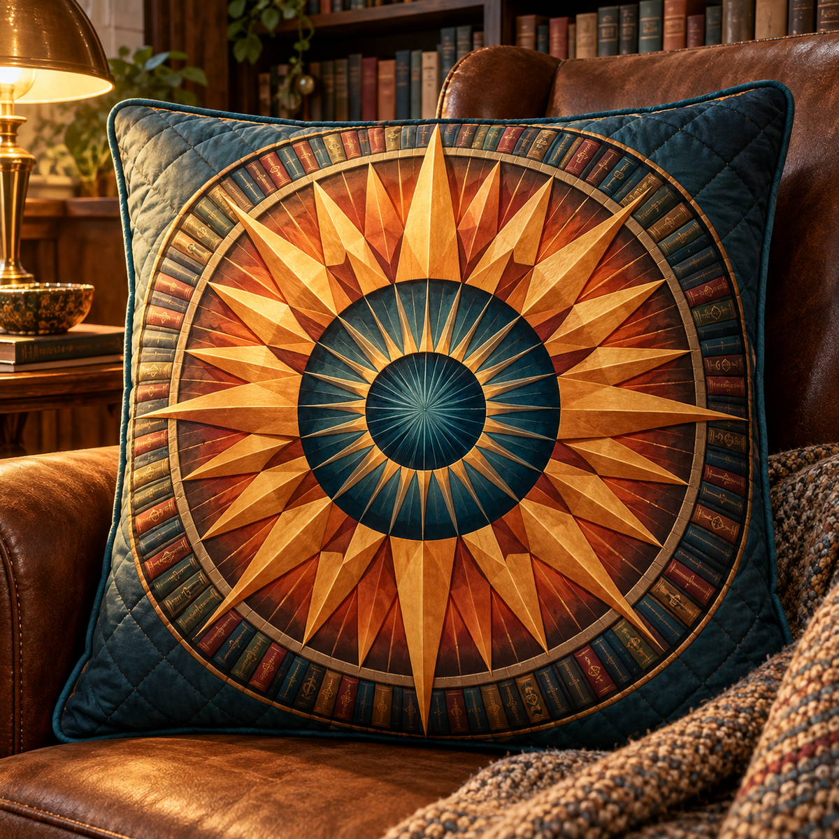 Sunburst Library Glow Quilted Cushion Cover with printed optical 3D artwork in its use setting