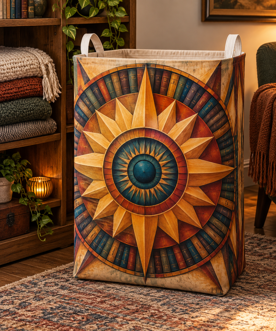 Sunburst Library Glow Laundry Hamper with printed optical 3D artwork in its use setting