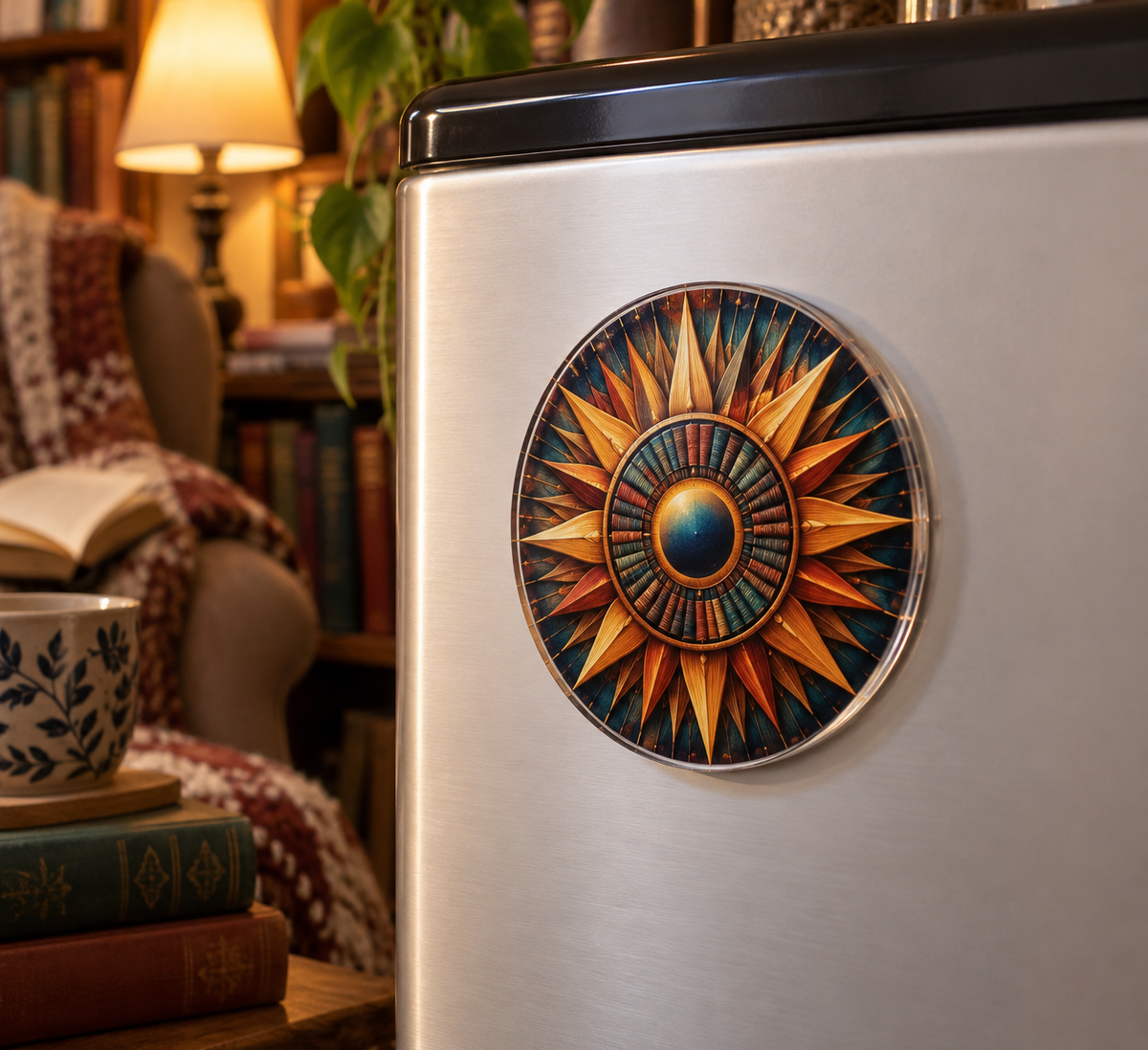 Sunburst Library Glow Acrylic Refrigerator Magnet with printed optical 3D artwork in its use setting