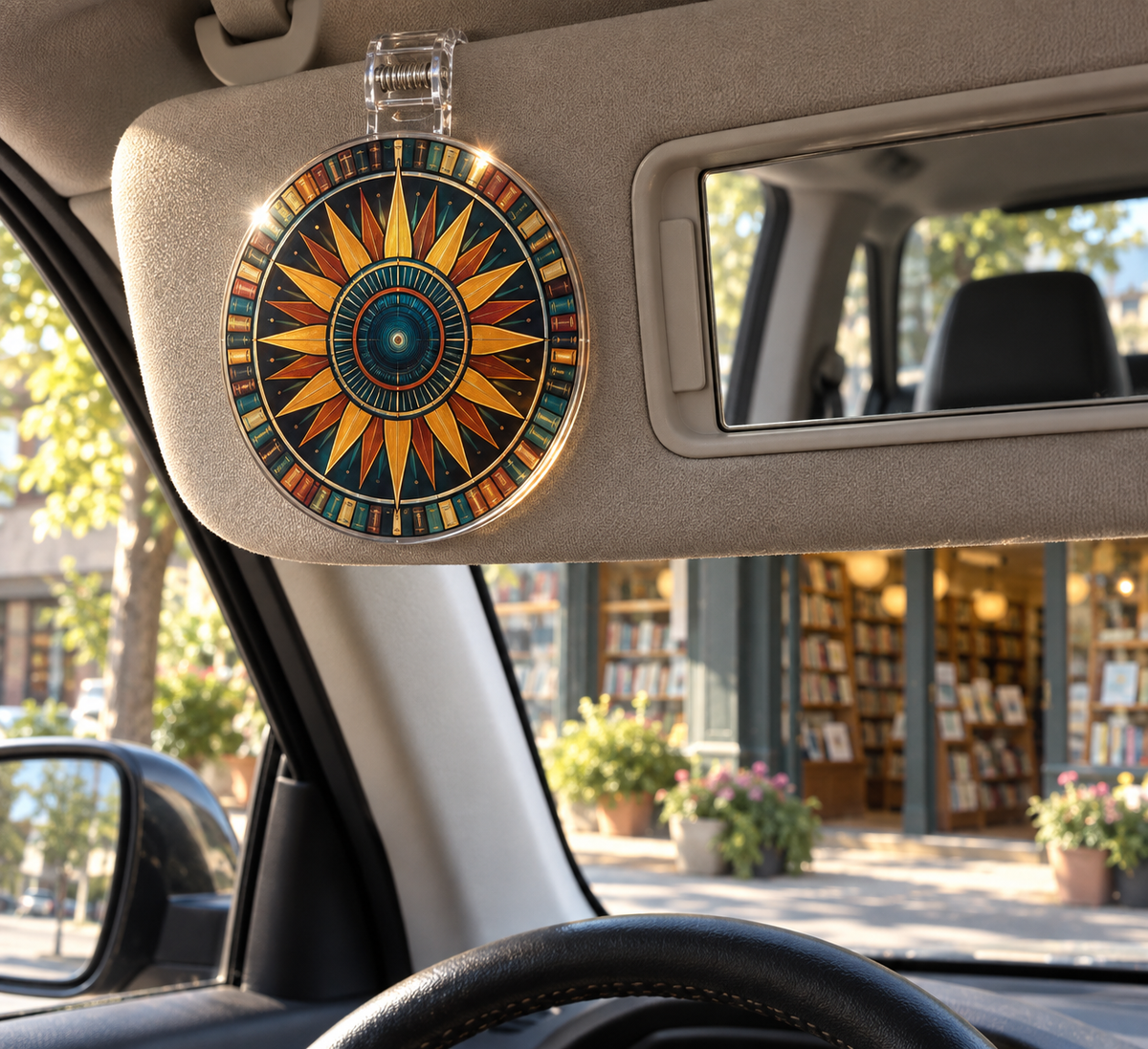Sunburst Library Glow Holographic Car Visor Clip with printed optical 3D artwork in its use setting