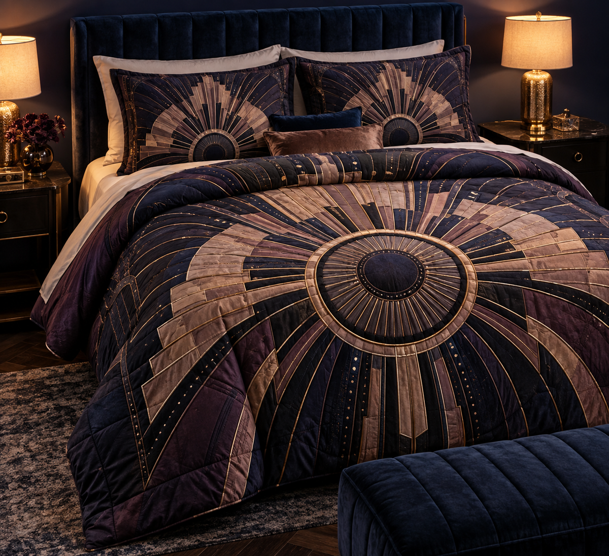 Sunburst Deco Nocturne Quilted Bedding Set with printed optical 3D artwork in its use setting
