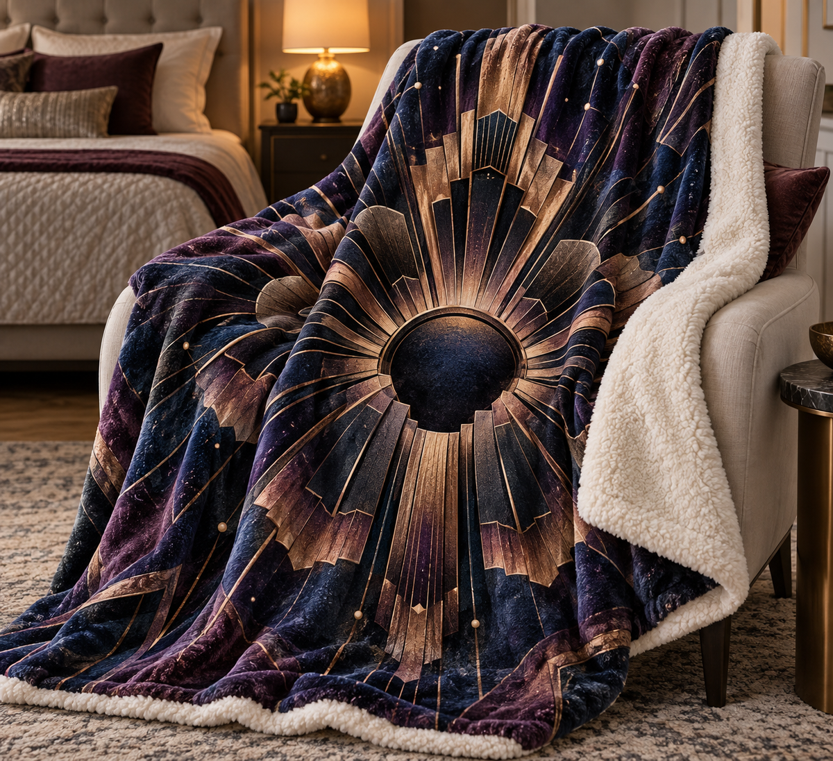 Sunburst Deco Nocturne Sherpa & Fleece Blanket with printed optical 3D artwork in its use setting