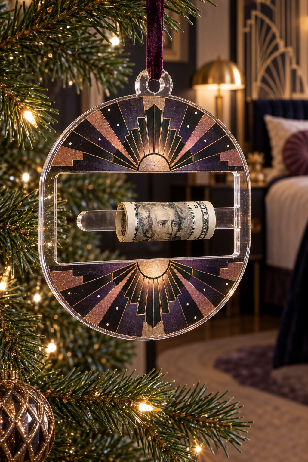 Sunburst Deco Nocturne Acrylic Cash Holder Ornament with printed optical 3D artwork in its use setting