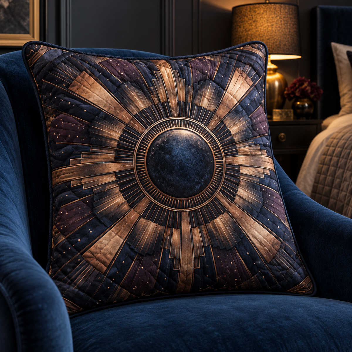 Sunburst Deco Nocturne Quilted Cushion Cover with printed optical 3D artwork in its use setting