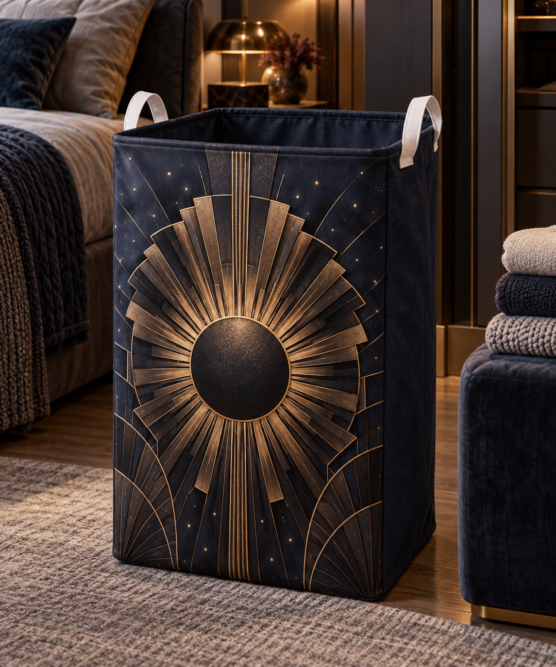 Sunburst Deco Nocturne Laundry Hamper with printed optical 3D artwork in its use setting