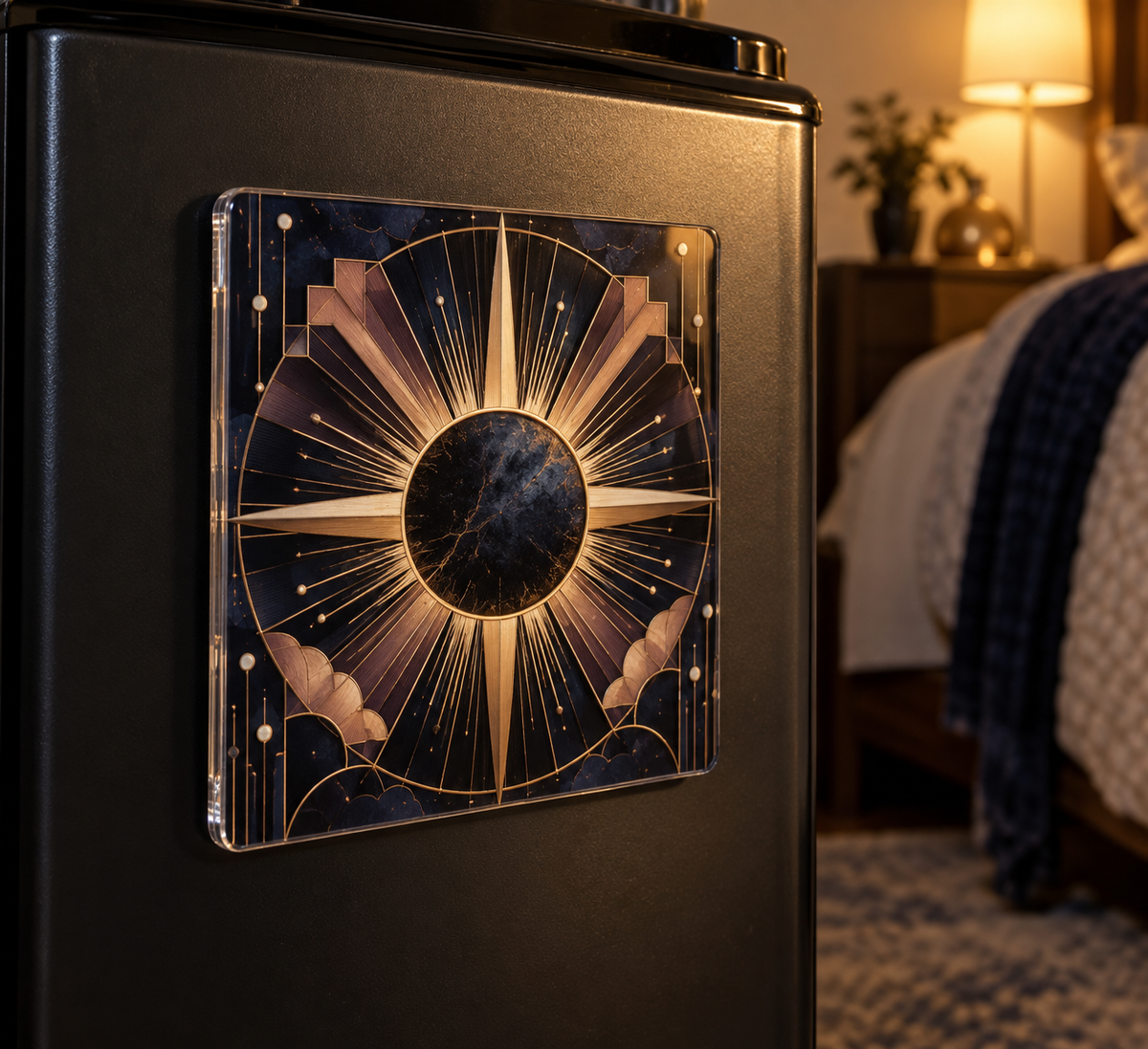 Sunburst Deco Nocturne Acrylic Refrigerator Magnet with printed optical 3D artwork in its use setting