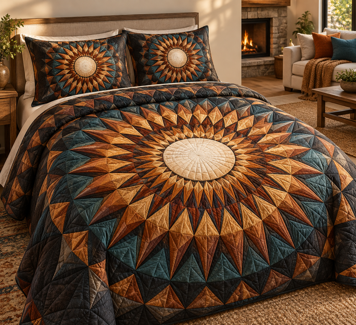 Sunburst Hearth Radiance Quilted Bedding Set with printed optical 3D artwork in its use setting