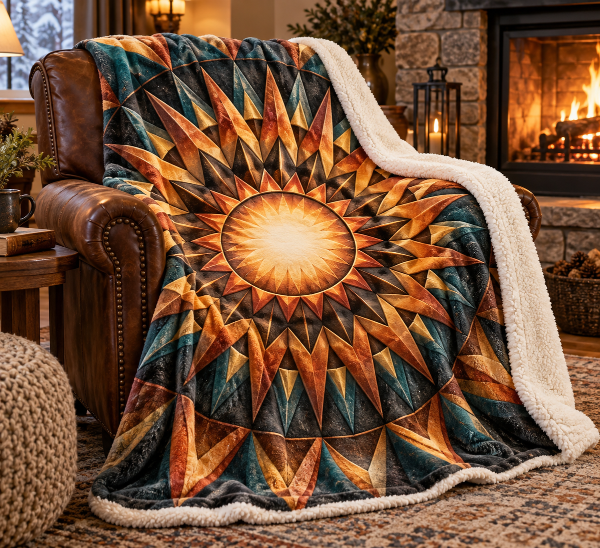 Sunburst Hearth Radiance Sherpa & Fleece Blanket with printed optical 3D artwork in its use setting