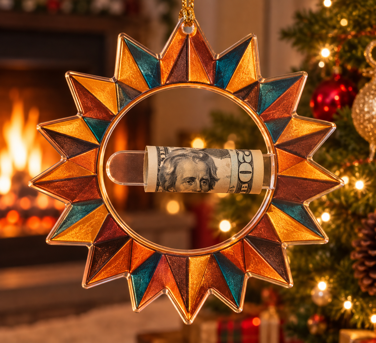 Sunburst Hearth Radiance Acrylic Cash Holder Ornament with printed optical 3D artwork in its use setting
