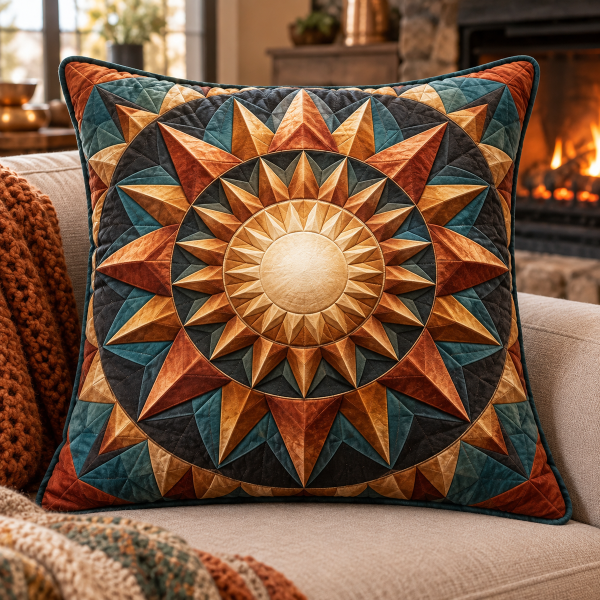 Sunburst Hearth Radiance Quilted Cushion Cover with printed optical 3D artwork in its use setting