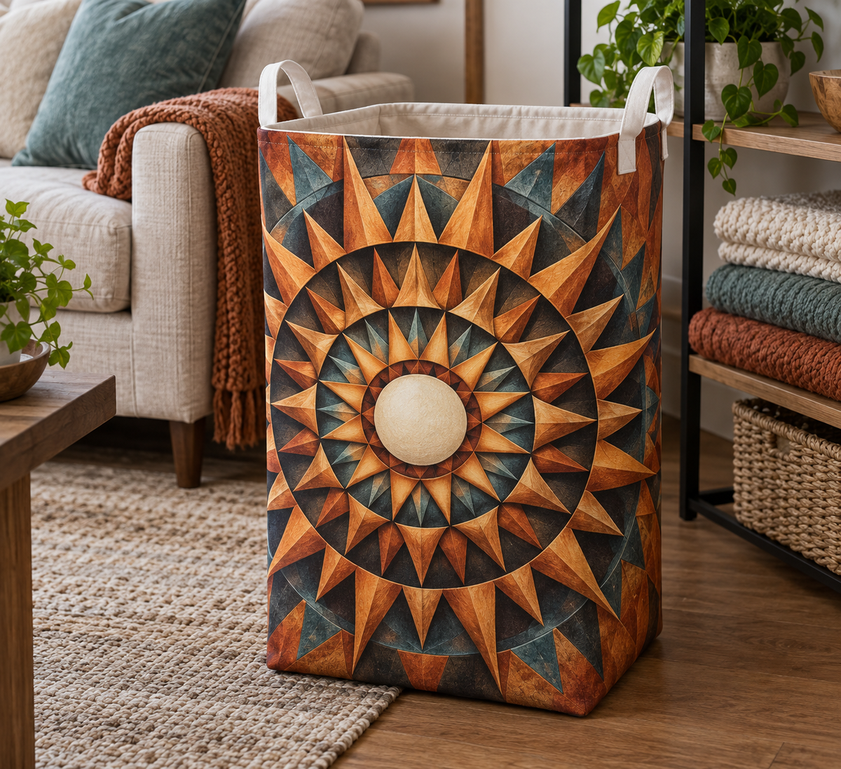 Sunburst Hearth Radiance Laundry Hamper with printed optical 3D artwork in its use setting