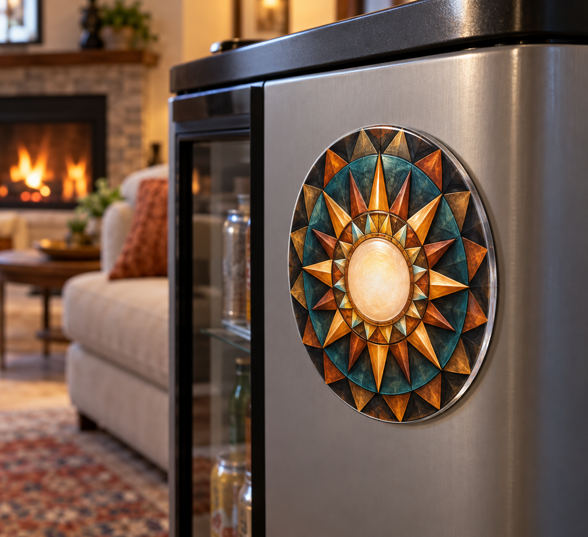 Sunburst Hearth Radiance Acrylic Refrigerator Magnet with printed optical 3D artwork in its use setting