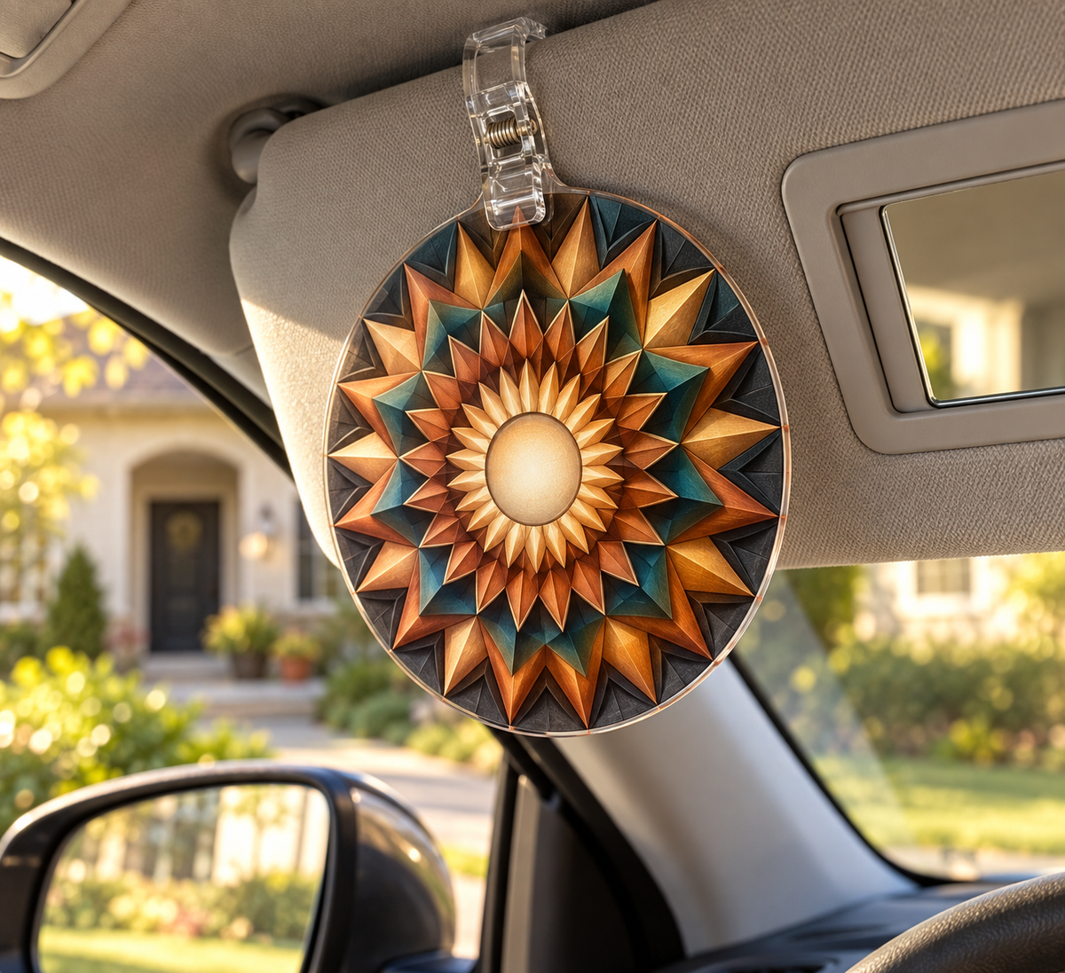 Sunburst Hearth Radiance Holographic Car Visor Clip with printed optical 3D artwork in its use setting