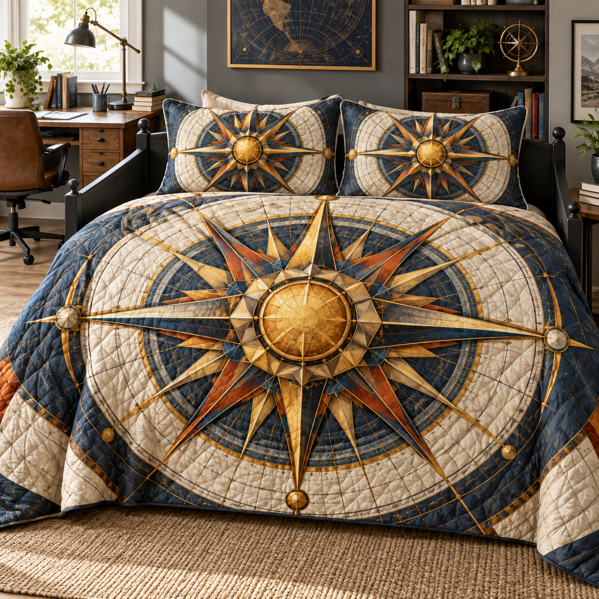 Sunburst Focus Grid Quilted Bedding Set with printed optical 3D artwork in its use setting