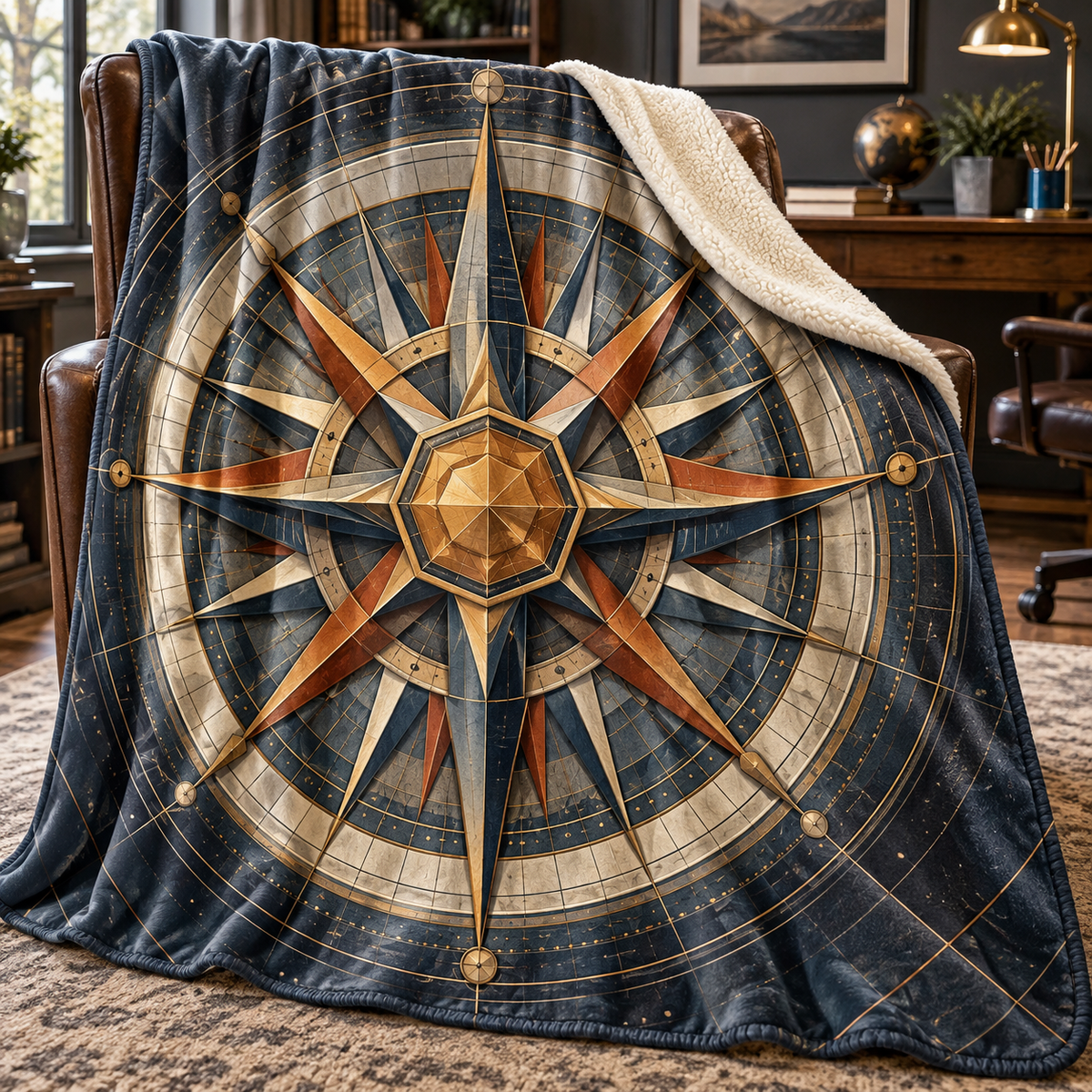 Sunburst Focus Grid Sherpa & Fleece Blanket with printed optical 3D artwork in its use setting