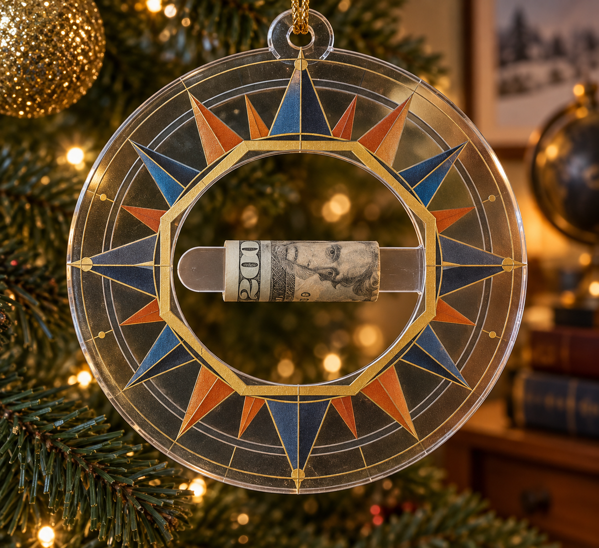 Sunburst Focus Grid Acrylic Cash Holder Ornament with printed optical 3D artwork in its use setting