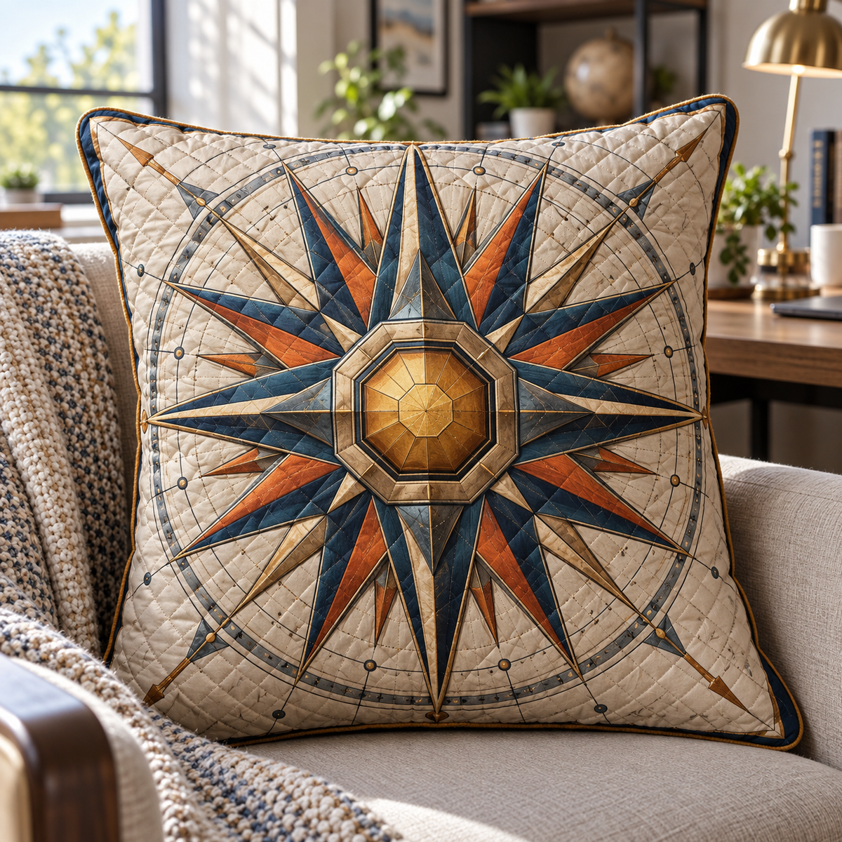 Sunburst Focus Grid Quilted Cushion Cover with printed optical 3D artwork in its use setting