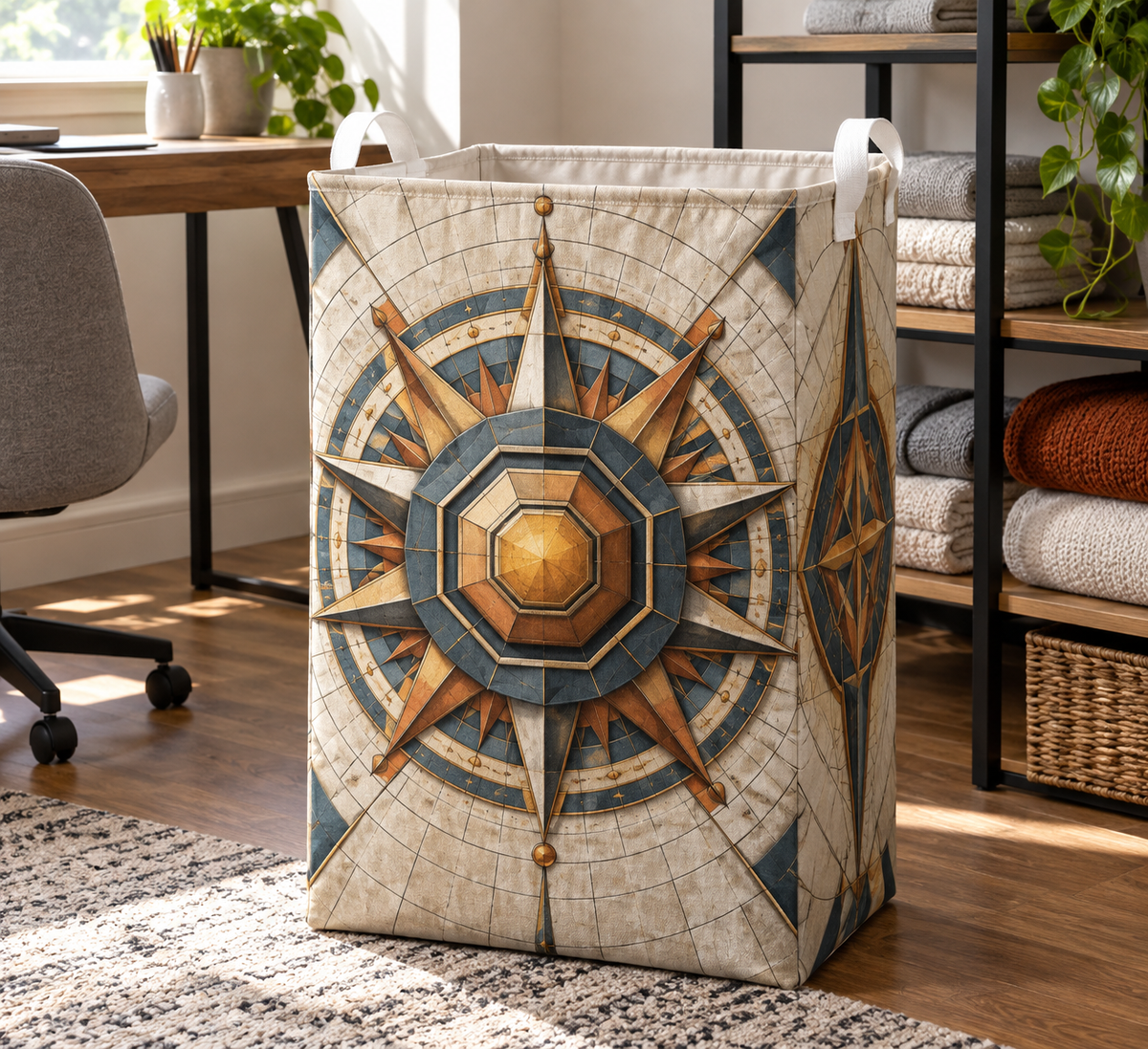 Sunburst Focus Grid Laundry Hamper with printed optical 3D artwork in its use setting
