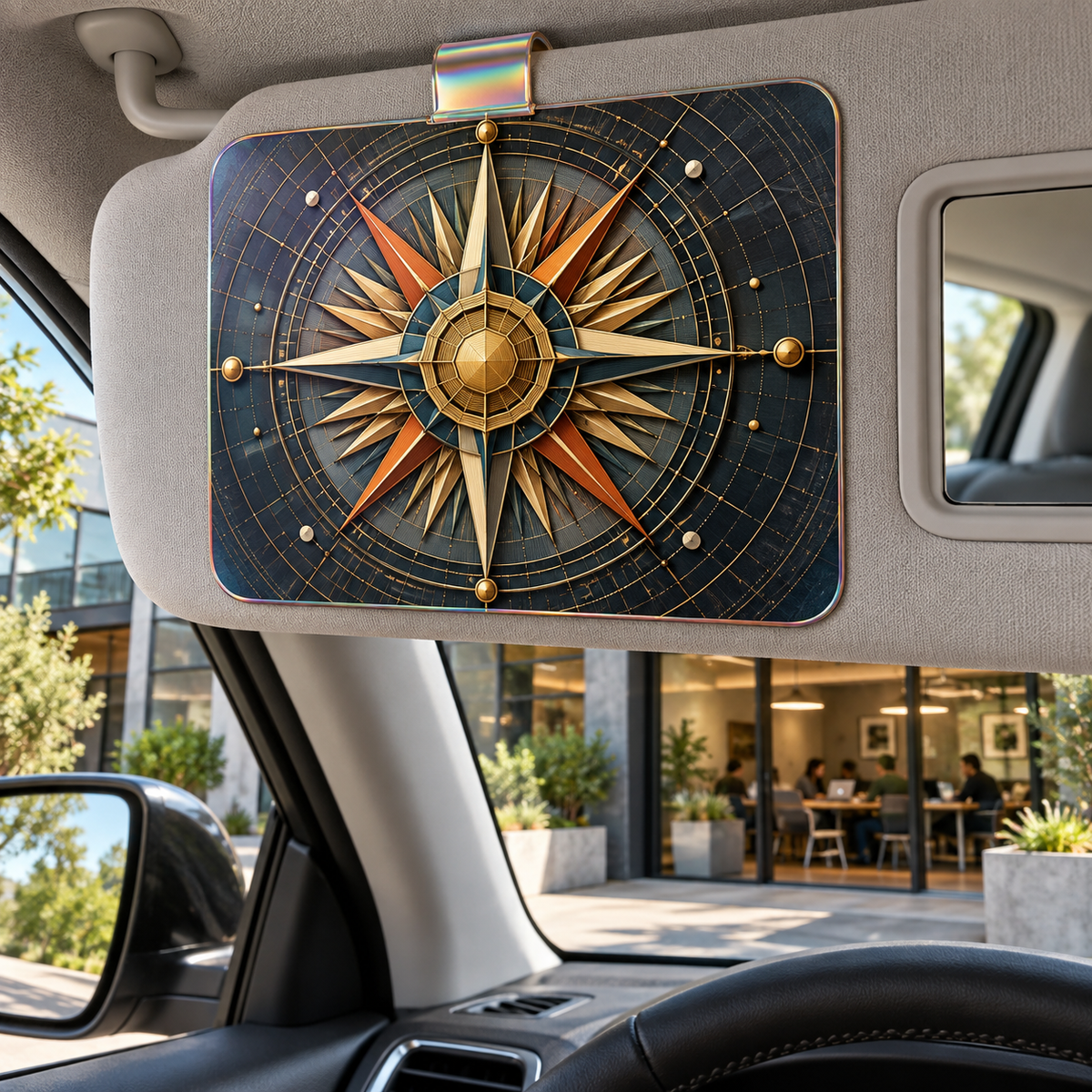 Sunburst Focus Grid Holographic Car Visor Clip with printed optical 3D artwork in its use setting