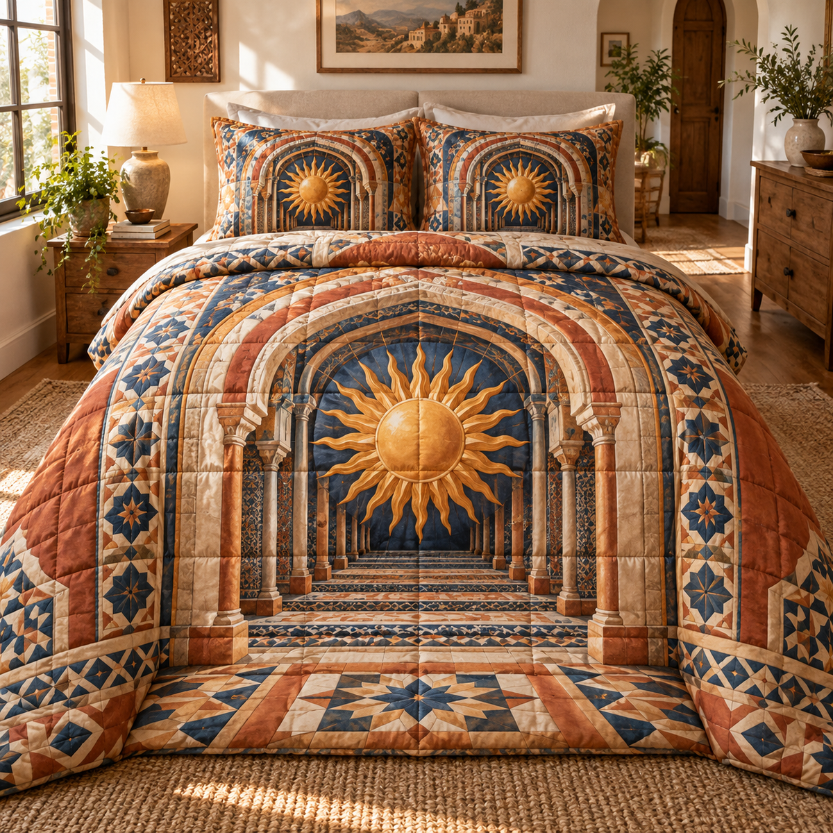 Sunburst Welcome Hearth Quilted Bedding Set with printed optical 3D artwork in its use setting