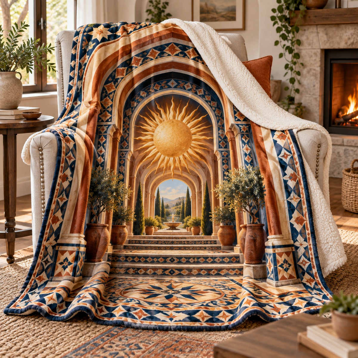 Sunburst Welcome Hearth Sherpa & Fleece Blanket with printed optical 3D artwork in its use setting