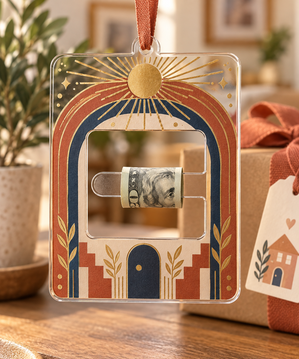 Sunburst Welcome Hearth Acrylic Cash Holder Ornament with printed optical 3D artwork in its use setting
