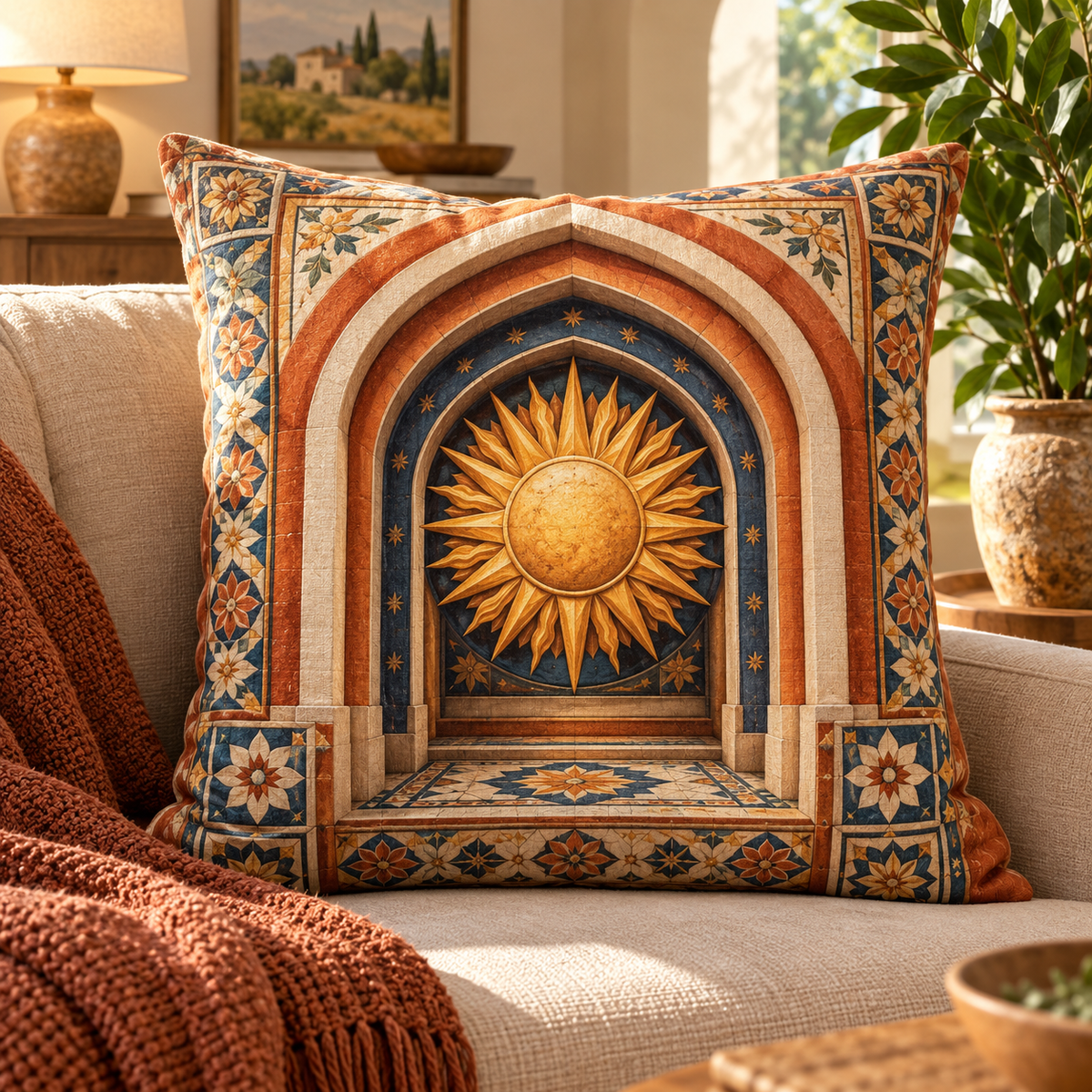 Sunburst Welcome Hearth Quilted Cushion Cover with printed optical 3D artwork in its use setting