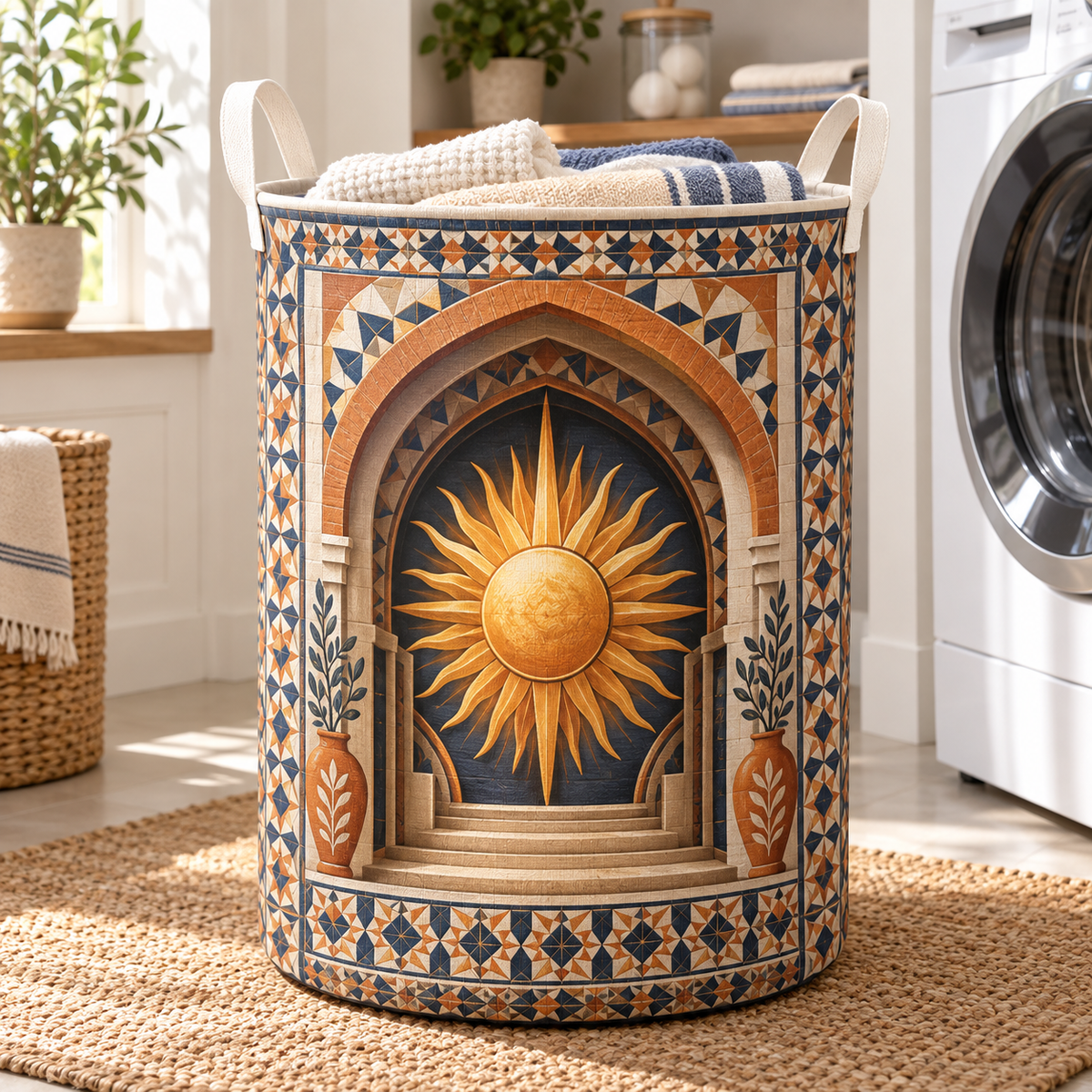 Sunburst Welcome Hearth Laundry Hamper with printed optical 3D artwork in its use setting