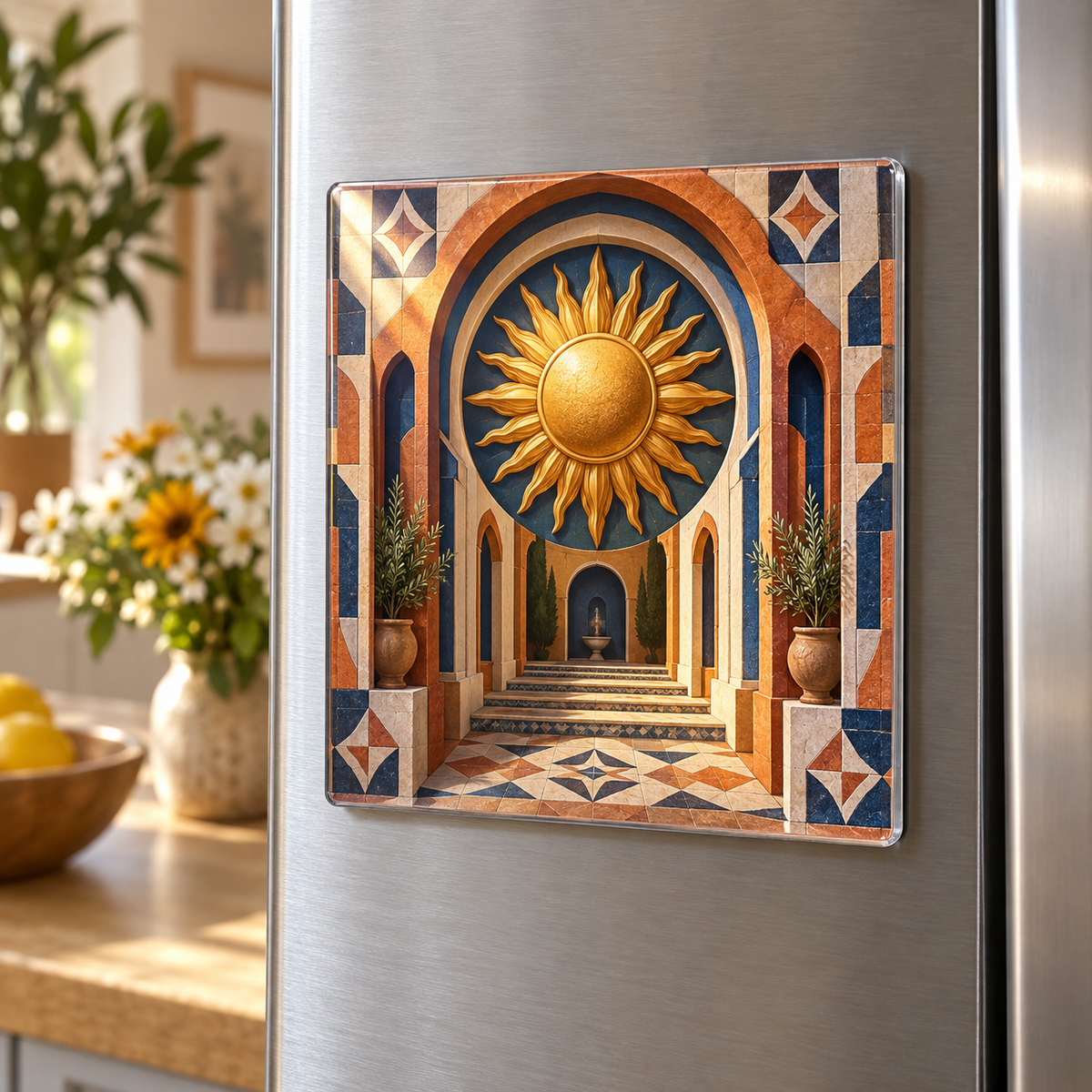 Sunburst Welcome Hearth Acrylic Refrigerator Magnet with printed optical 3D artwork in its use setting