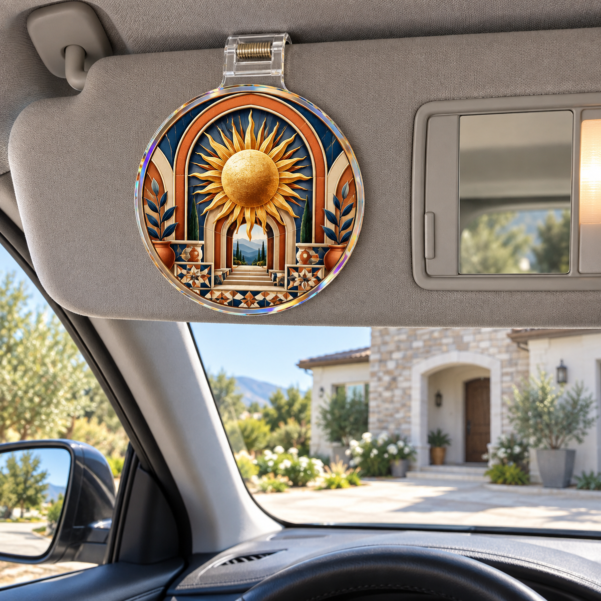 Sunburst Welcome Hearth Holographic Car Visor Clip with printed optical 3D artwork in its use setting